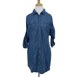 Guess Chambray Denim Dress Women Size XS Mid Cutout Sleeves Button Front Pockets